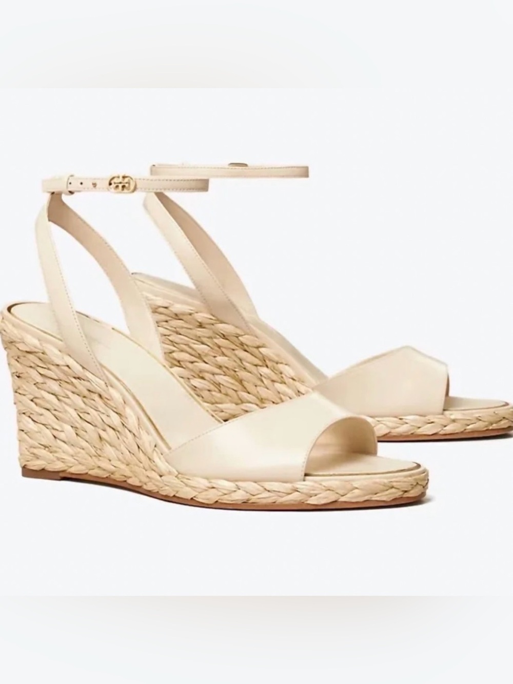 Tory Burch Elegant Raffia Wedge Cream Leather Espadrille Sandals W/ Ankle Strap